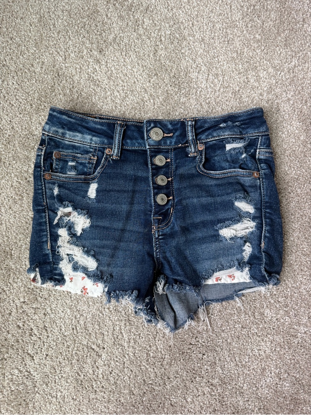 American Eagle Outfitters Dark Wash Distressed Denim Shorts with Floral Lining